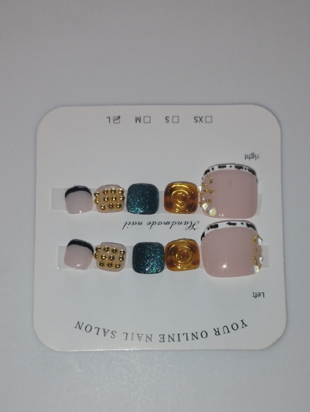 Nude Pink & Gold Accent Press-On Toe Nails with Teal Glitter